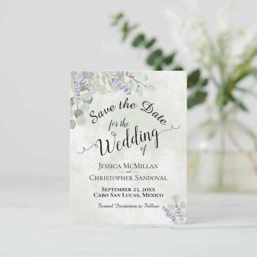 Eucalyptus & Lavendel Sage Bruiloft Save the Date Aankondigingskaart (Staand voorkant)