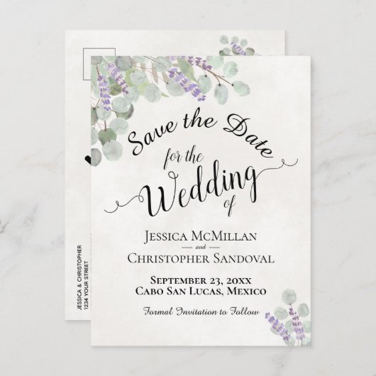 Eucalyptus & Lavendel Wit Bruiloft Save the Date Aankondigingskaart (Voorkant / Achterkant)
