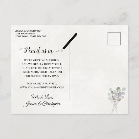 Eucalyptus & Lavendel Wit Bruiloft Save the Date Aankondigingskaart (Achterkant)