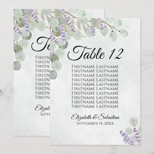 Eucalyptus & Lavender 10 Naam Tabel Kaart Groot (Voorkant / Achterkant)