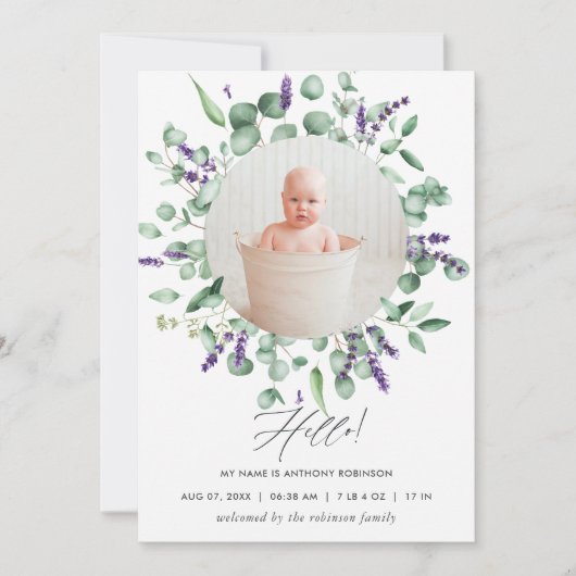 Eucalyptus Lavender Birth Announding Foto Card Aankondiging (Voorkant)