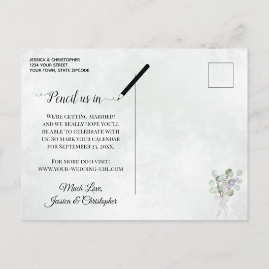 Eucalyptus & Lavender Boho Wedding Save the Date Aankondigingskaart (Achterkant)