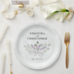 Eucalyptus & Lavender Bouquet Waterverf Weddenscha Papieren Bordje<br><div class="desc">Deze mooie papieren borden zullen een speciale aanraking toevoegen aan je receptie, repetitief diner of andere trouwfeesten. Ze hebben een elegant maar roestachtig boho-sisch design met je namen en de trouwdatum op een gemarmerde, stoffige blauwe achtergrond met een heerlijk boeket van waterverf krabbels van lavender bloemen en eucalyptusbladeren met een...</div>