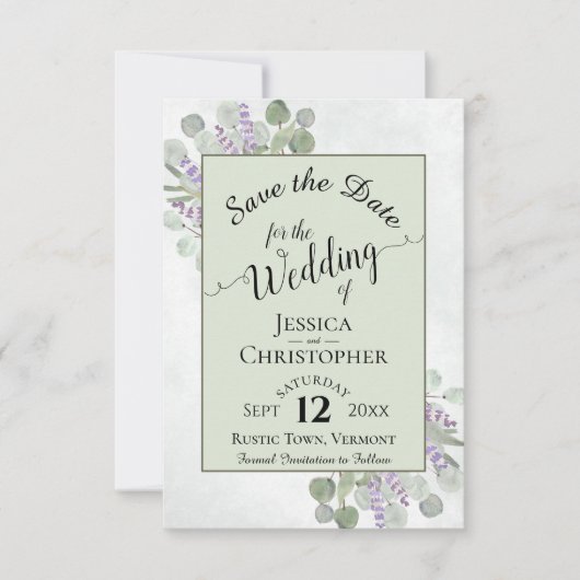 Eucalyptus & Lavender Calligraphy Green Wedding Save The Date (Voorkant)