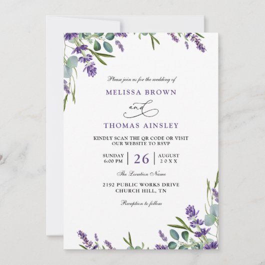 Eucalyptus Lavender Elegant Budget QR Code Wedding Kaart (Voorkant)