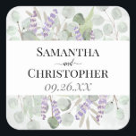 Eucalyptus & Lavender Elegant Waterverf Wedding Vierkante Sticker<br><div class="desc">Deze prachtige stickers zijn perfect als favoriete tags,  behalve de datums,  of voor je trouwmailings. Ze hebben een prachtig ontwerp met je namen en de trouwdatum omringd door een berg eucalyptus,  lavendel en tuingebladerte,  allemaal met de hand geschilderd met waterverven.</div>