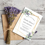 Eucalyptus lavender florale geometrische verjaarda kaart<br><div class="desc">Een stijlvolle witte achtergrond aan de voorzijde. Gedecorbeerd met eucalyptus en lavendel florals. Een vals goud geometrisch lijst. Pas een naam en details aan en voeg deze toe. Achterzijde: groene grijze achtergrond.</div>