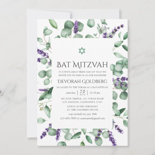 Eucalyptus Lavender Greenery Bat Mitzvah Kaart (Voorkant)
