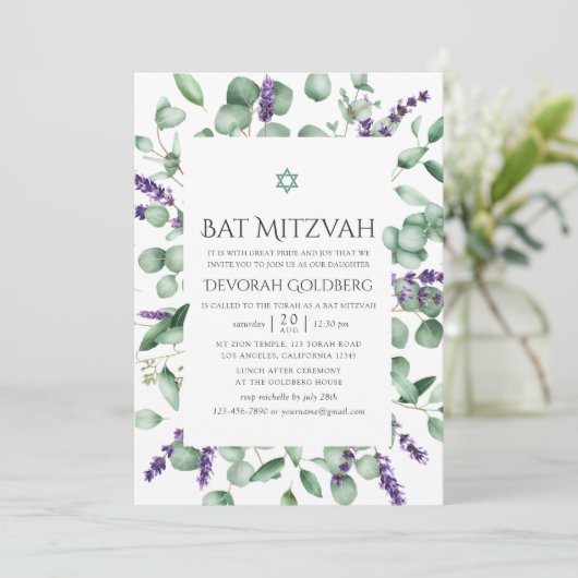 Eucalyptus Lavender Greenery Bat Mitzvah Kaart (Staand voorkant)