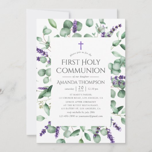 Eucalyptus Lavender Greenery First Heilige Communi Kaart (Voorkant)