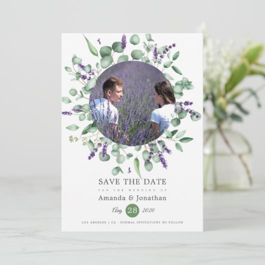 Eucalyptus Lavender Greenery Foto Weddenschap Save The Date (Staand voorkant)