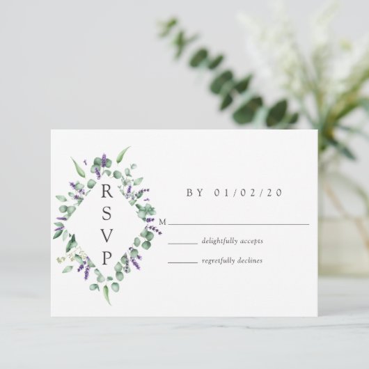 Eucalyptus Lavender Greenery Wedding RSVP Kaartje (Staand voorkant)