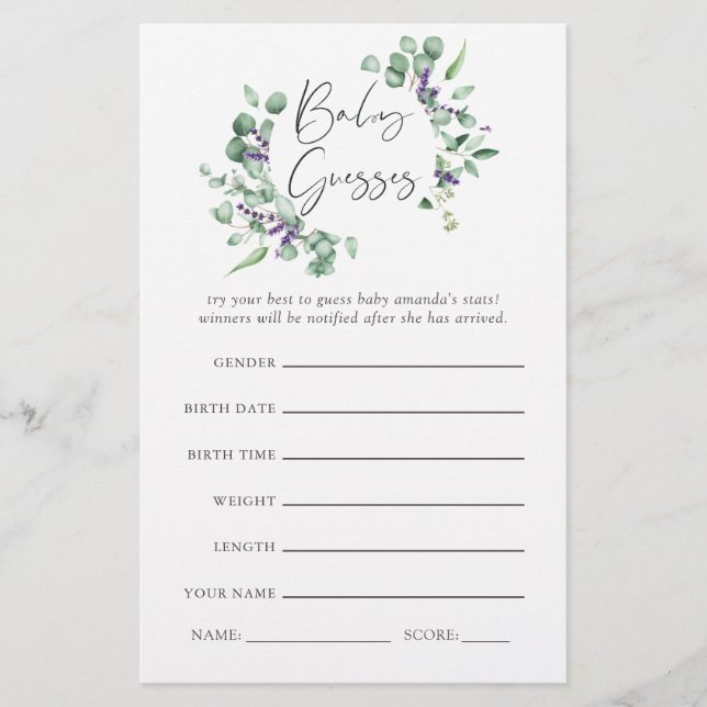 Eucalyptus Lavender Groene Baby Shower Spel (Voorkant)