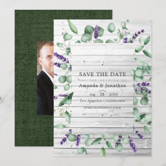 Eucalyptus Lavender Rustic Country Barn Wedding Save The Date (Voorkant / Achterkant)