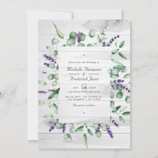 Eucalyptus Lavender Rustic QR Code RSVP Weddenscha Kaart (Voorkant)