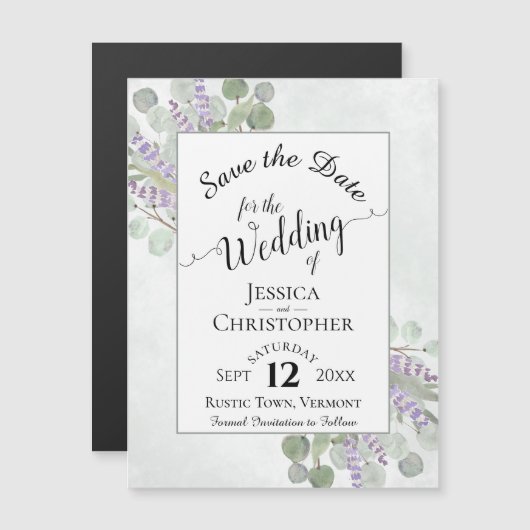 Eucalyptus & Lavender Rustic White Save the Date Magnetische Uitnodiging (Voorkant / Achterkant)