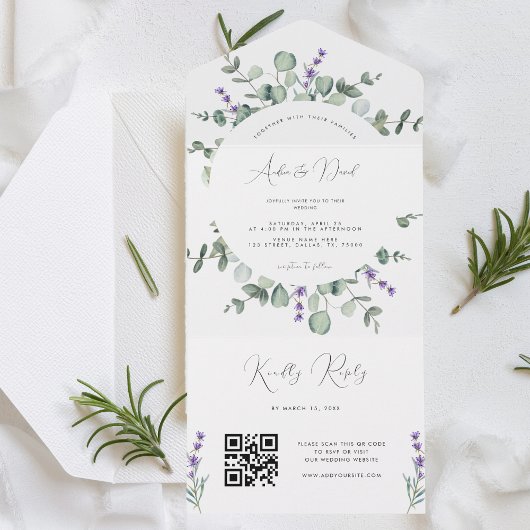 Eucalyptus Lavender Script QR Code Spring Weddensc All In One Uitnodiging