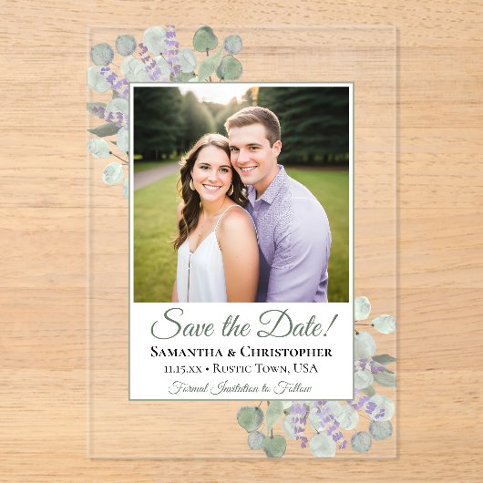 Eucalyptus & Lavender Weddenschap Sparen de Datum Acryl Uitnodigingen (Voorkant)