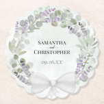 Eucalyptus & Lavender Wreath Elegant Wedding Kartonnen Onderzetters<br><div class="desc">These beautiful paper coasters will add a special touch to your wedding reption, rehearsal dinner, or other parts of your special day. They feature a rustic hand painted watercolor werkdagen ath of eucalyptus leaves, lavender flowers, and greenery in shades of sage green and light purple on a marbled dusty blue...</div>