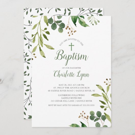 Eucalyptus Leaf Baptisme Invitation Kaart (Voorkant / Achterkant)