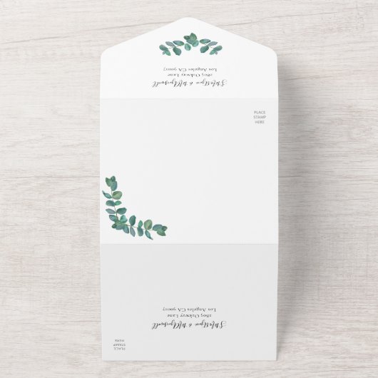 Eucalyptus Leaf Elegant Geometric Wedding All In One Uitnodiging (Buitenkant)