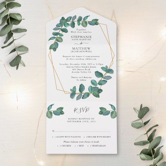 Eucalyptus Leaf Elegant Geometric Wedding All In One Uitnodiging