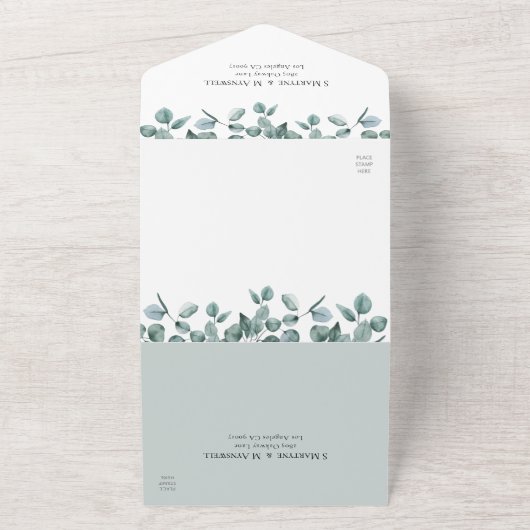 Eucalyptus Leaf Foliage Modern Wedding All In One Uitnodiging (Buitenkant)
