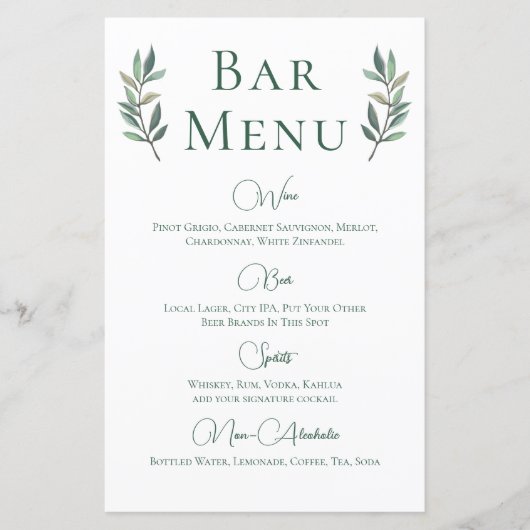 Eucalyptus Leaf Simple Botanical WedBar Menu (Voorkant)