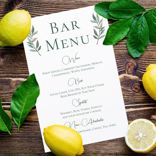 Eucalyptus Leaf Simple Botanical WedBar Menu