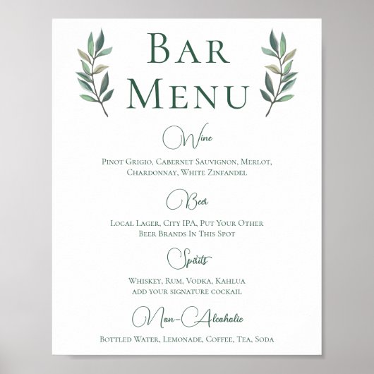 Eucalyptus Leaf Simple Botanical WedBar Menu Poster (Voorkant)