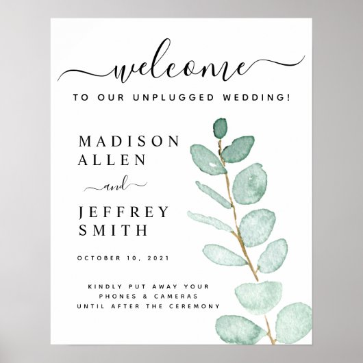 Eucalyptus Leaf Wedding Unplugged Welcome Sign Poster (Voorkant)