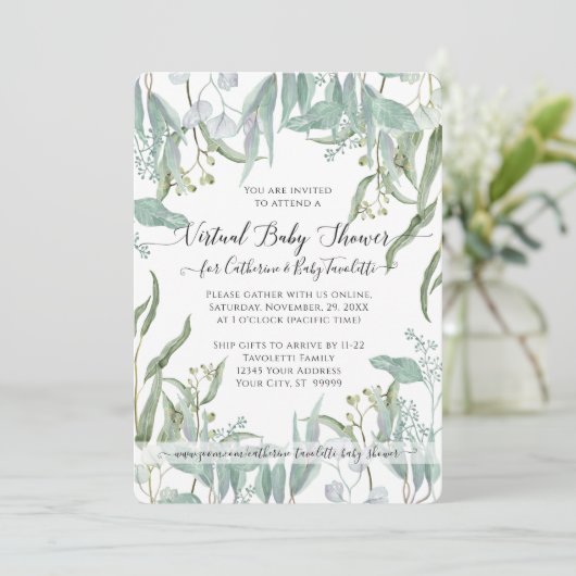 Eucalyptus Leaf Woodsy Foliage Baby Virtual Shower Kaart (Staand voorkant)