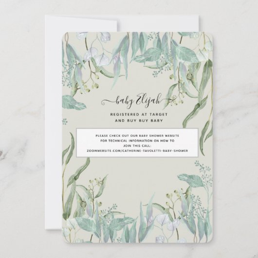 Eucalyptus Leaf Woodsy Foliage Baby Virtual Shower Kaart (Achterkant)