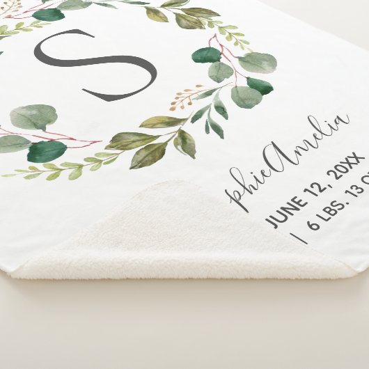 Eucalyptus Leafy Wreator Baby Monogram Birth Stats Sherpa Deken (3/4)