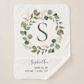 Eucalyptus Leafy Wreator Baby Monogram Birth Stats Sherpa Deken (Voorkant)