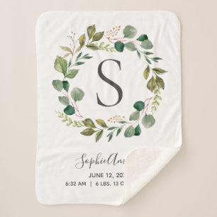 Eucalyptus Leafy Wreator Baby Monogram Birth Stats Sherpa Deken