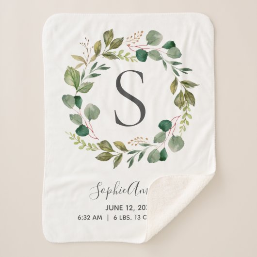 Eucalyptus Leafy Wreator Baby Monogram Birth Stats Sherpa Deken (Voorkant)