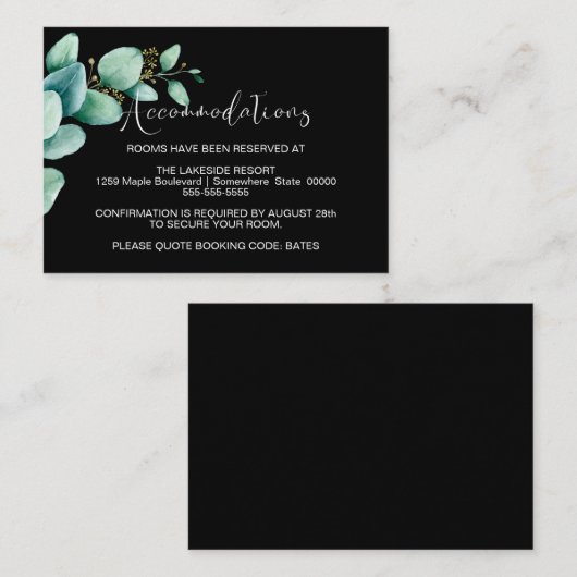 Eucalyptus Leaves Black Wedding Accommodations Informatiekaartje (Voorkant / Achterkant)