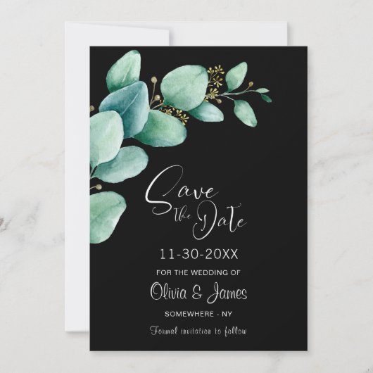 Eucalyptus Leaves Black Wedding Save the Date (Voorkant)