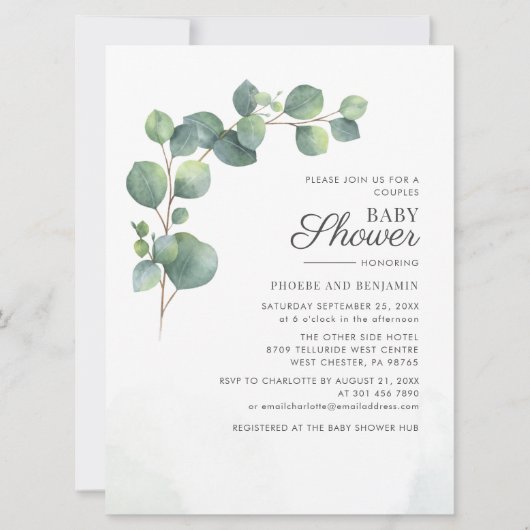 Eucalyptus Leaves Botanical Couples Baby shower Kaart (Voorkant)