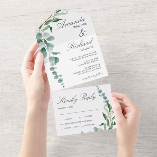 Eucalyptus Leaves Branch Foliage Wedding All In One Uitnodiging (Afscheurbaar)