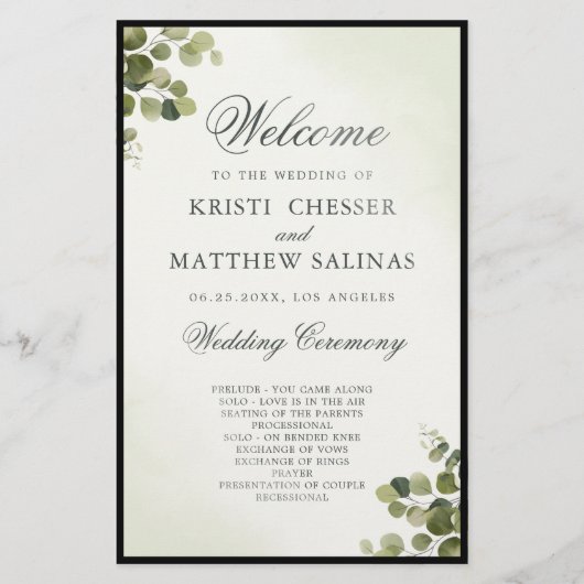 Eucalyptus Leaves Budget Wedding Program Kaart (Voorkant)