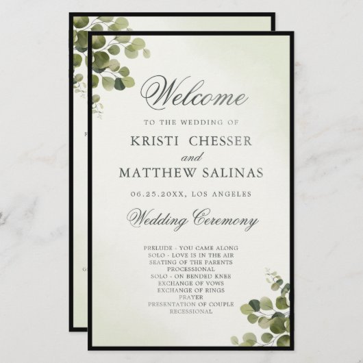 Eucalyptus Leaves Budget Wedding Program Kaart (Voorkant / Achterkant)