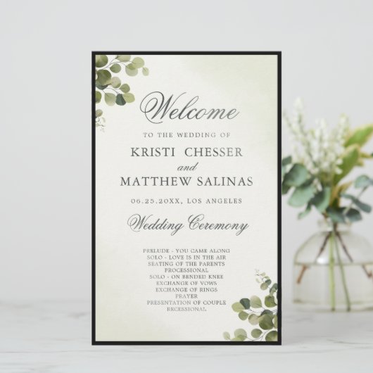 Eucalyptus Leaves Budget Wedding Program Kaart (Staand voorkant)