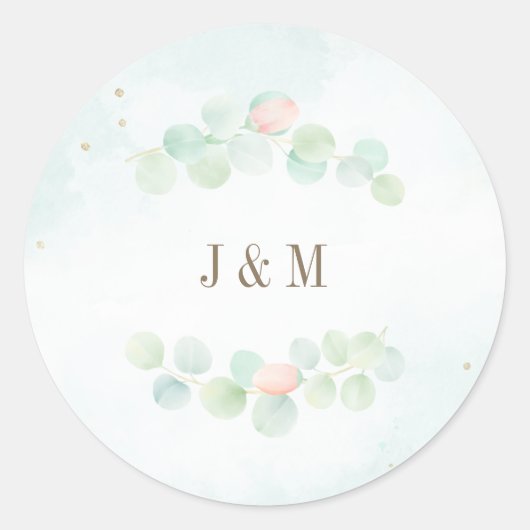 Eucalyptus Leaves Floral Wreator Monogram Weddensc Ronde Sticker (Voorkant)