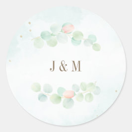 Eucalyptus Leaves Floral Wreator Monogram Weddensc Ronde Sticker