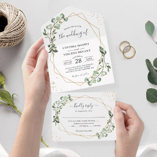 Eucalyptus Leaves Geometric Folded Wedding All In One Uitnodiging