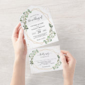 Eucalyptus Leaves Geometric Folded Wedding All In One Uitnodiging (Afscheurbaar)
