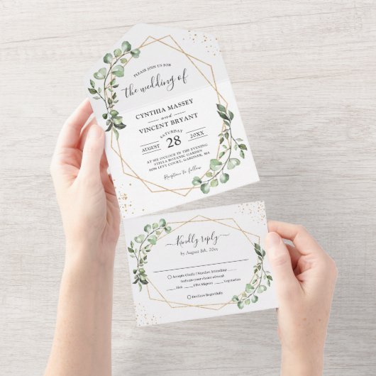 Eucalyptus Leaves Geometric Folded Wedding All In One Uitnodiging (Afscheurbaar)