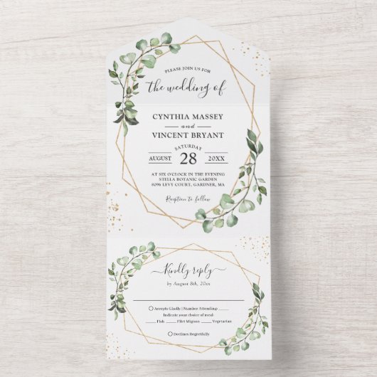 Eucalyptus Leaves Geometric Folded Wedding All In One Uitnodiging (Binnen)